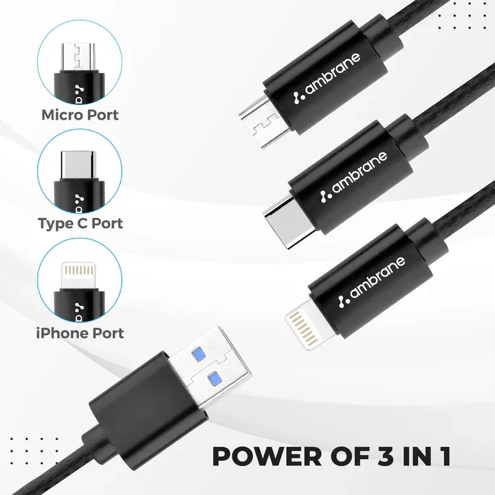 Ambrane Trinty-111 BRAIDED CABLE  ( 3 in 1 cable for macro Type -C & iphone Devices   Image 