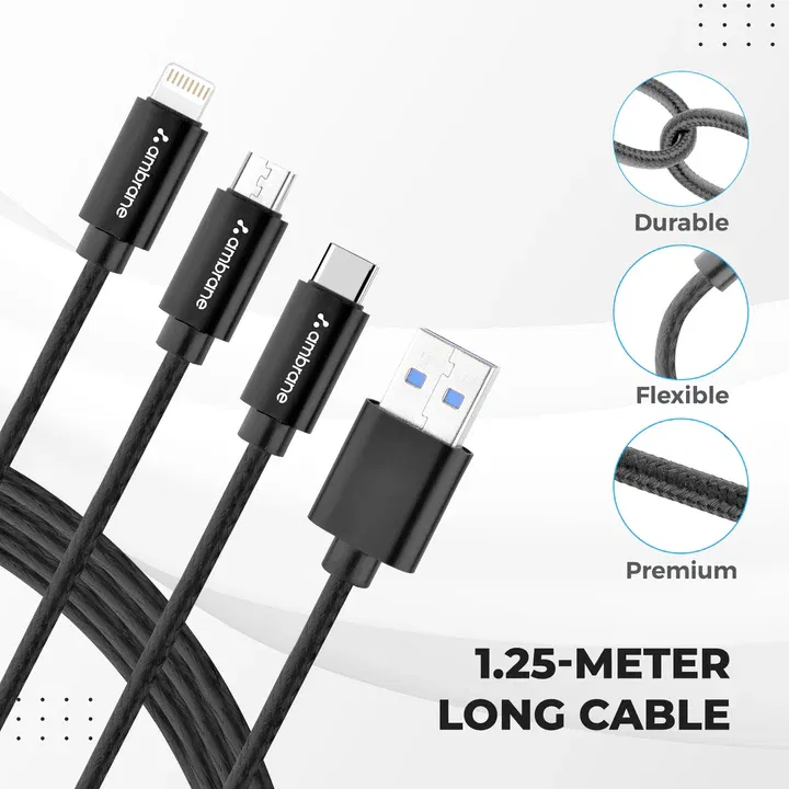 Ambrane Trinty-111 BRAIDED CABLE  ( 3 in 1 cable for macro Type -C & iphone Devices   Image 