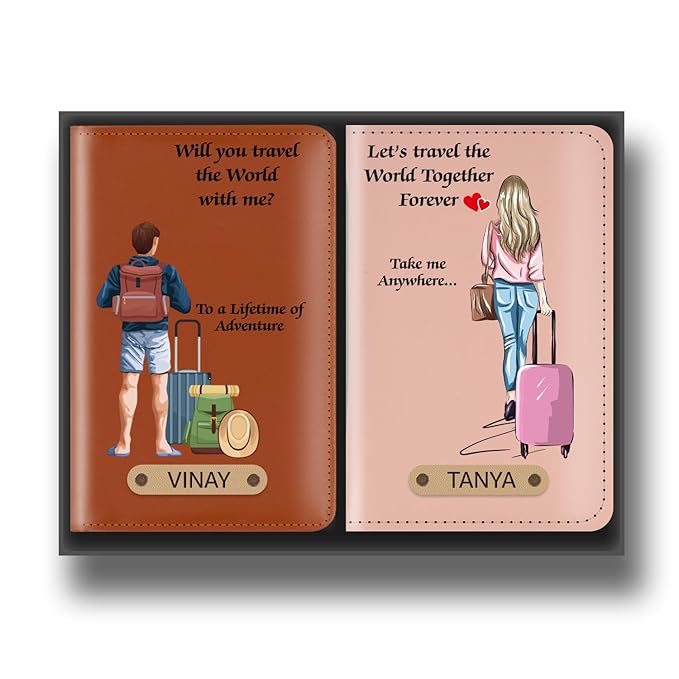 BWG - Personalized Leather Passport Adult Travel Quote Printed Cover Set With Customized Name For Couple | Gifting Option For Wedding, Anniversary