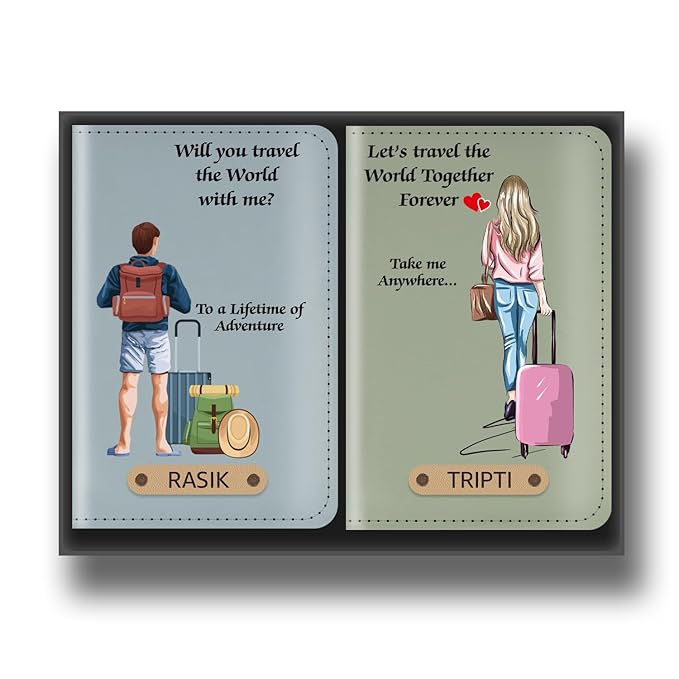 BWG - Personalized Leather Passport Adult Travel Quote Printed Cover Set With Customized Name For Couple | Gifting Option For Wedding, Anniversary Image