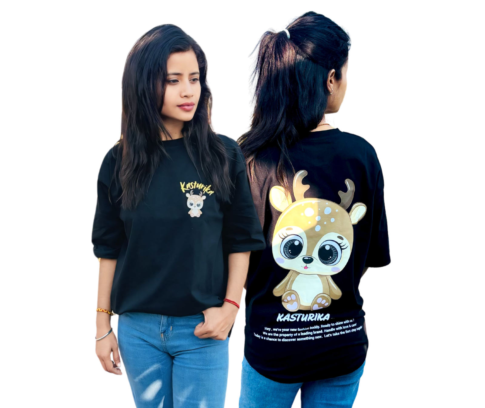 Woman wearing a black Kasturika logo T-shirt standing in a desert background – representing confident and minimalist fashion.