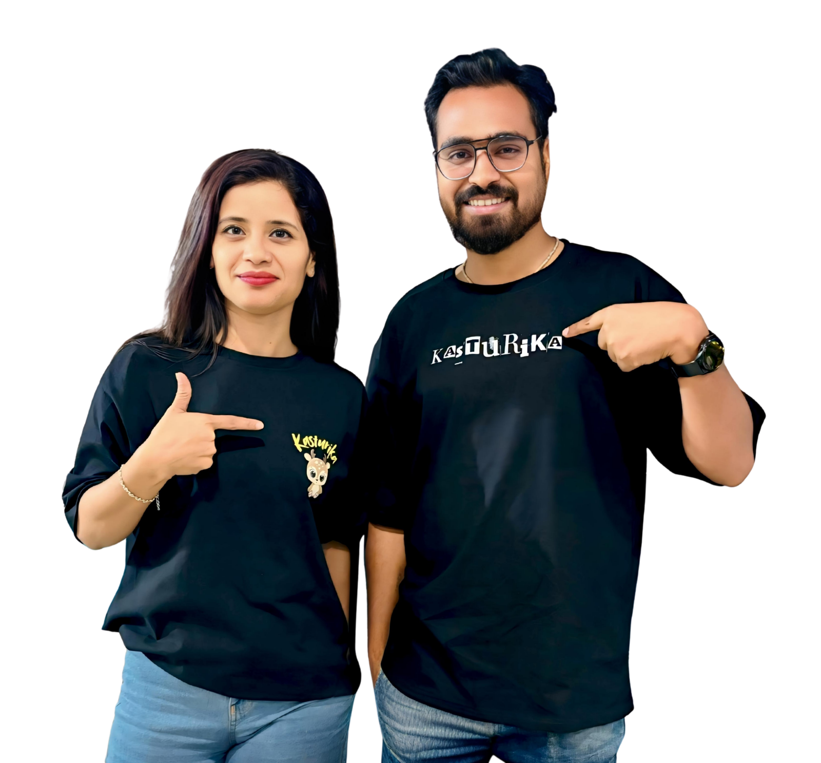 Woman wearing a black Kasturika logo T-shirt standing in a desert background – representing confident and minimalist fashion.