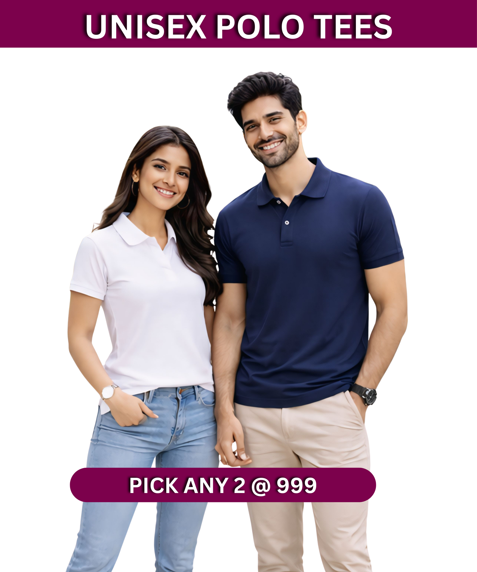 Kasturika unisex polo t-shirts for men and women in white and navy blue, premium cotton casual wear couple styling