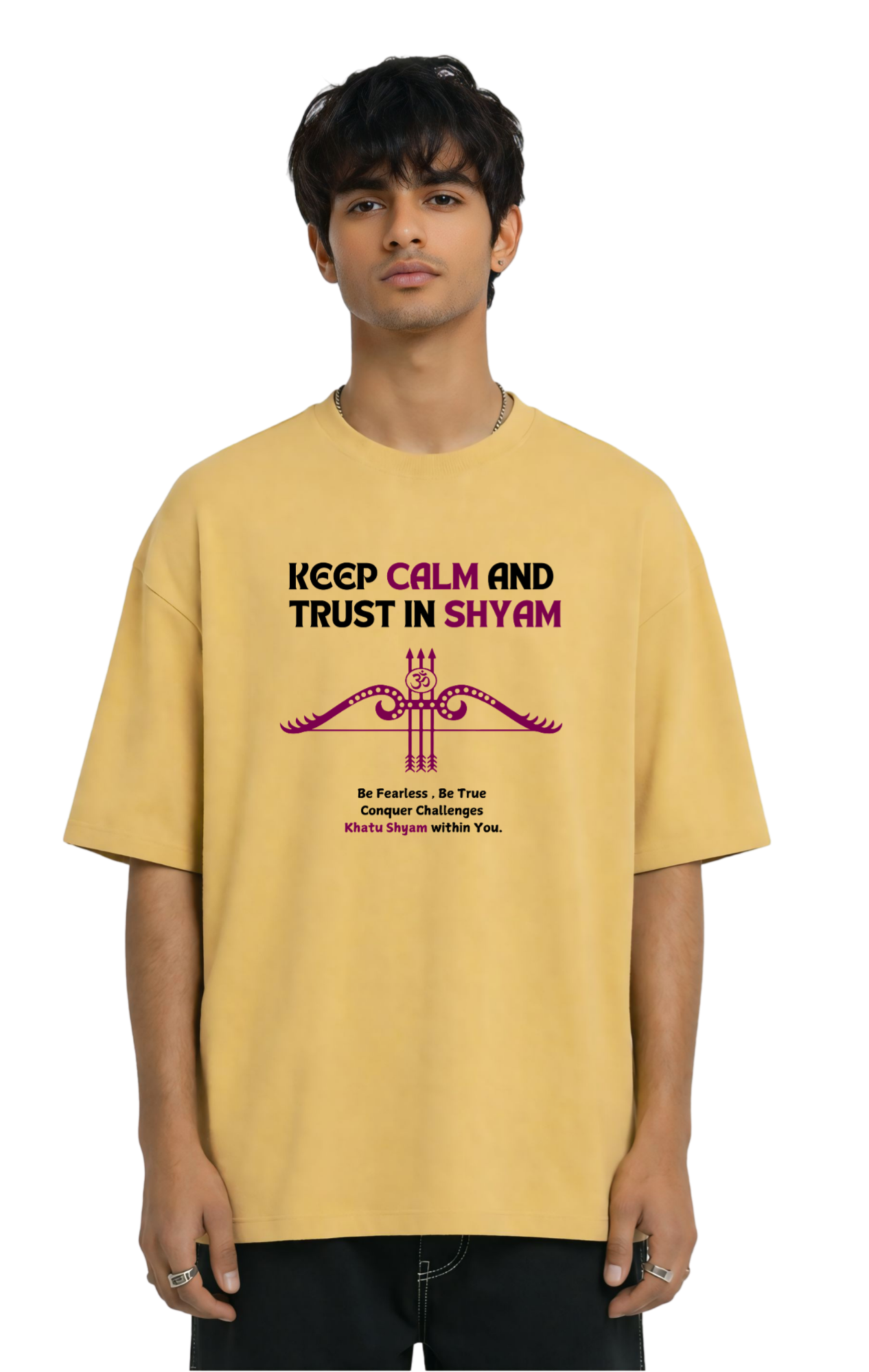 Khatu Shyam “Keep Calm & Trust in Shyam” Oversized Unisex T-Shirt | Kasturika Premium 100% Cotton T-Shirt  Image 
