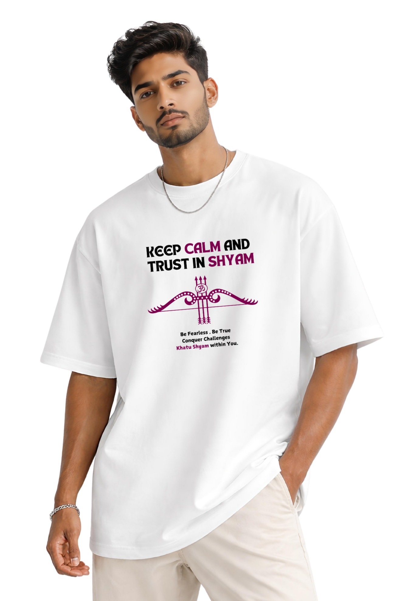 Khatu Shyam “Keep Calm & Trust in Shyam” Oversized Unisex T-Shirt | Kasturika Premium 100% Cotton T-Shirt  Image 