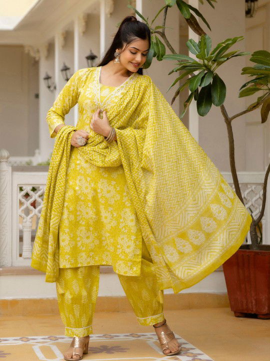 floral-yoke-design-pure-cotton-straight-kurta-with-patiala-and-dupatta Image