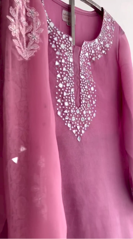 organza-chikankari-applique-kurta-set-prussian-pink-colour Image