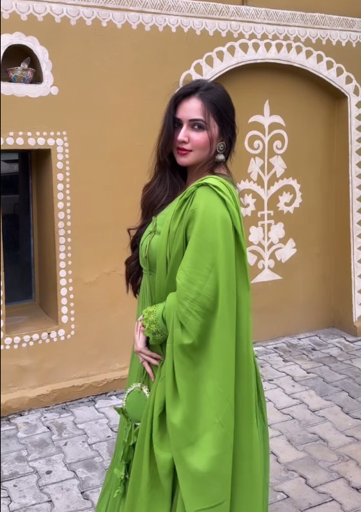 olive-green-colour-bright-indian-dress-with-beautiful-dupatta Image