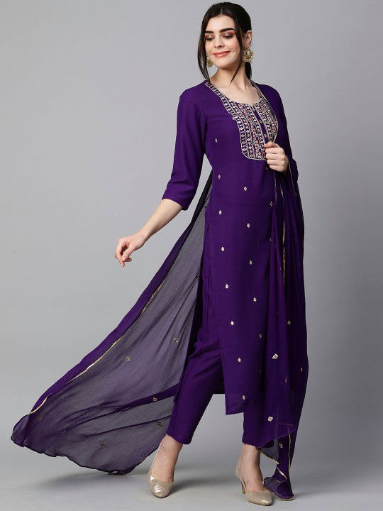 floral-embroidered-regular-kurta-with-trousers-and-dupatta Image