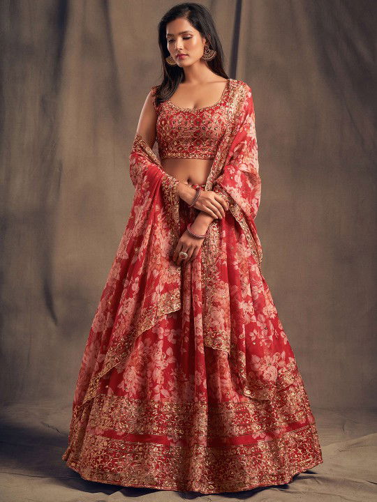 red-and-gold-toned-embroidered-sequinned-shibori-semi-stitched-lehenga-and-unstitched-blouse-with Image