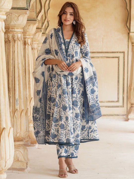 floral-printed-anarkali-pure-cotton-kurta-with-trousers-and-with-dupatta Image