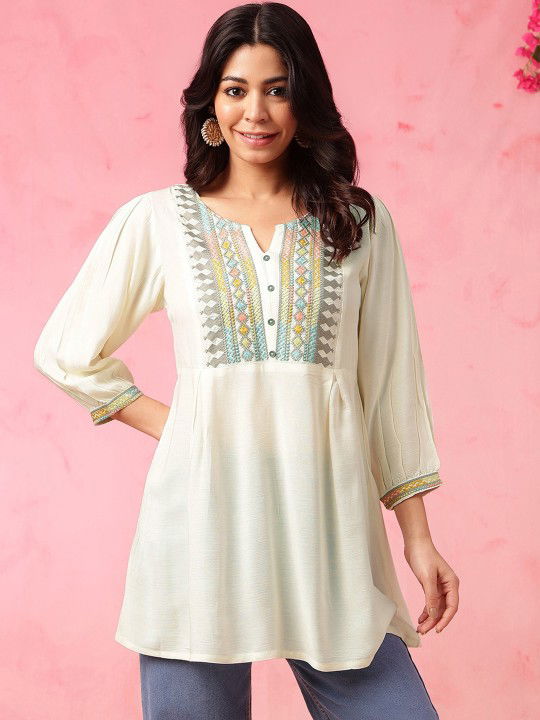 off-white-floral-embroidered-thread-work-pure-cotton-a-line-kurti Image