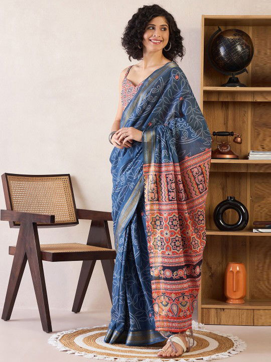 bandhani-zari-pure-cotton-ready-to-wear-bagru-sarees Image