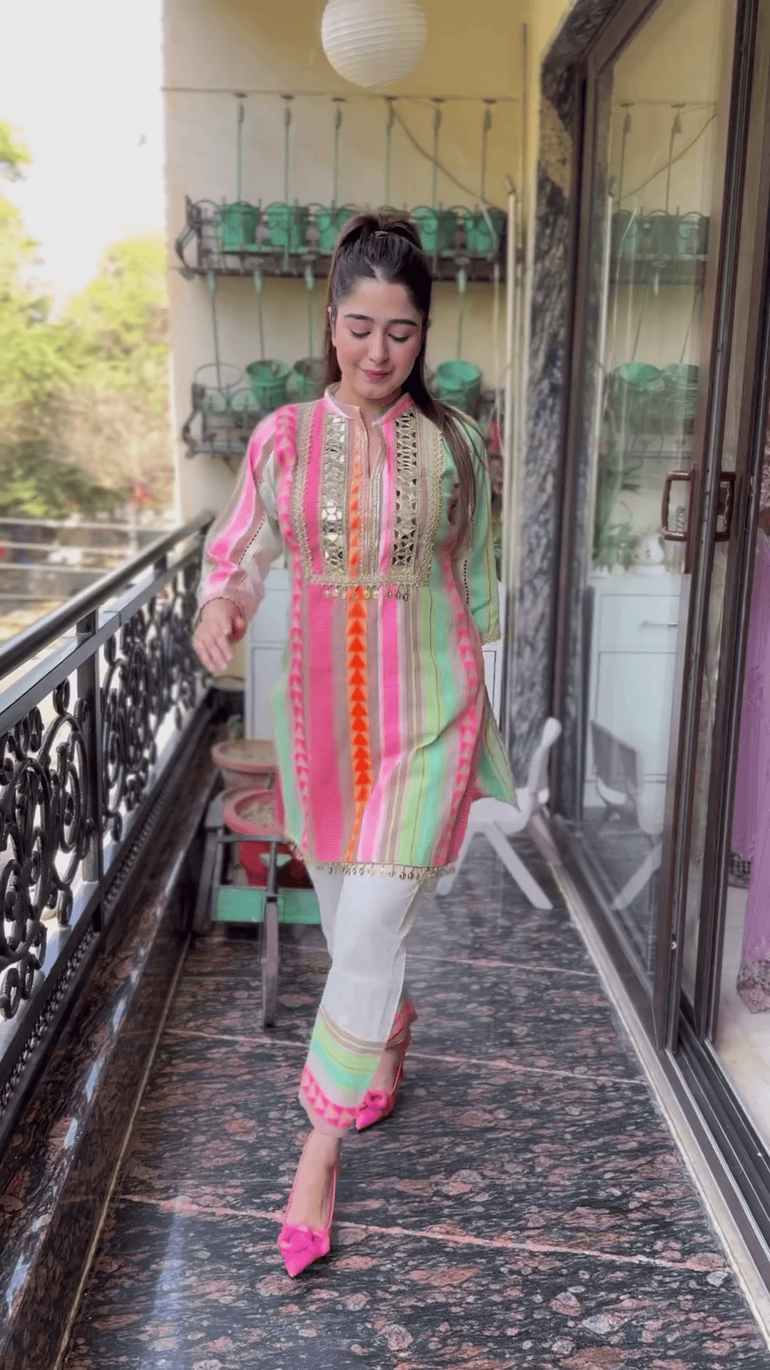 stylish-rayon-shibori-kurti-print-with-emroideried-and-pink-pant Image