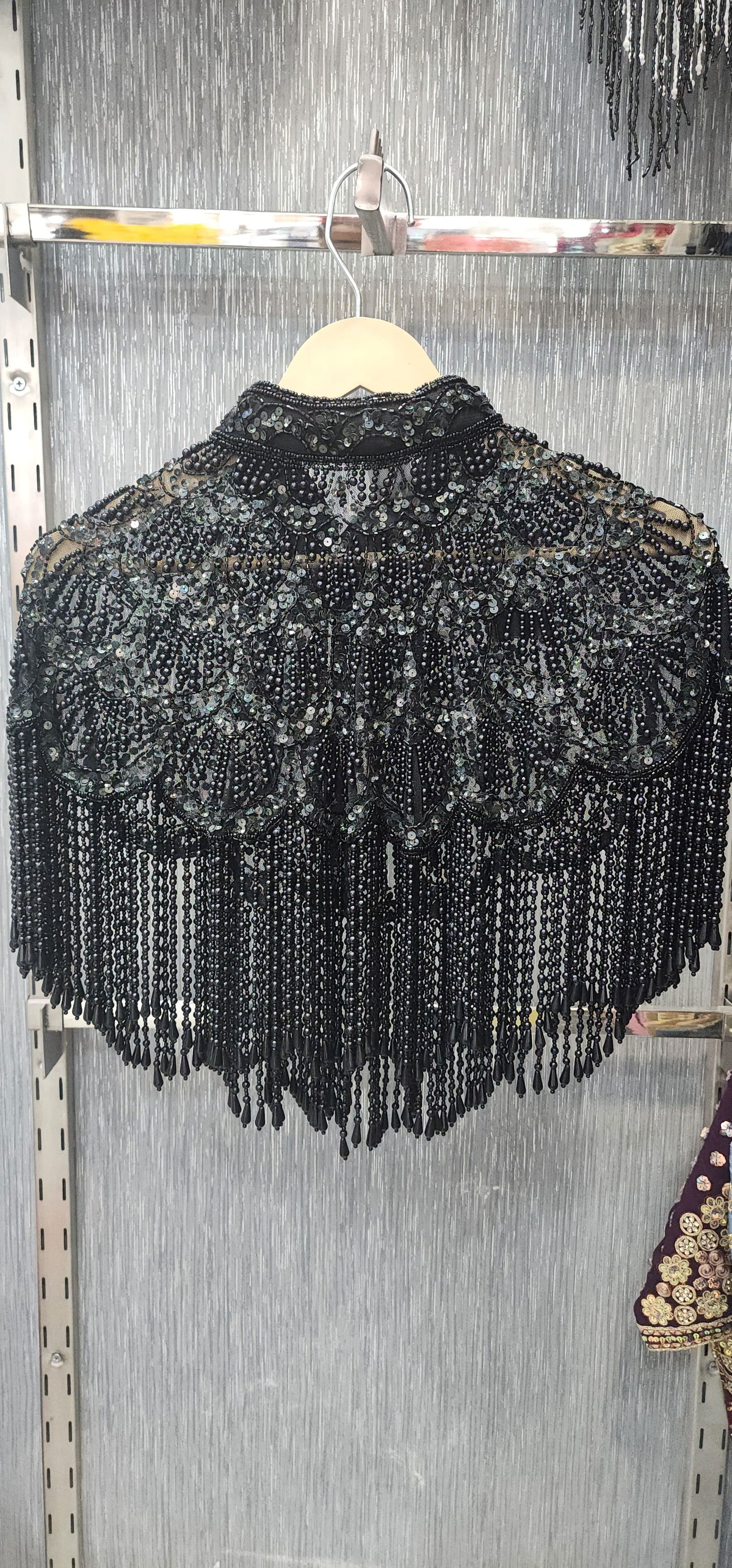 Handcrafted Black Beaded Cape with Intricate Embroidery & Tassels – Perfect for Gowns & Sarees, Free Size, Fits Up to 46 Image