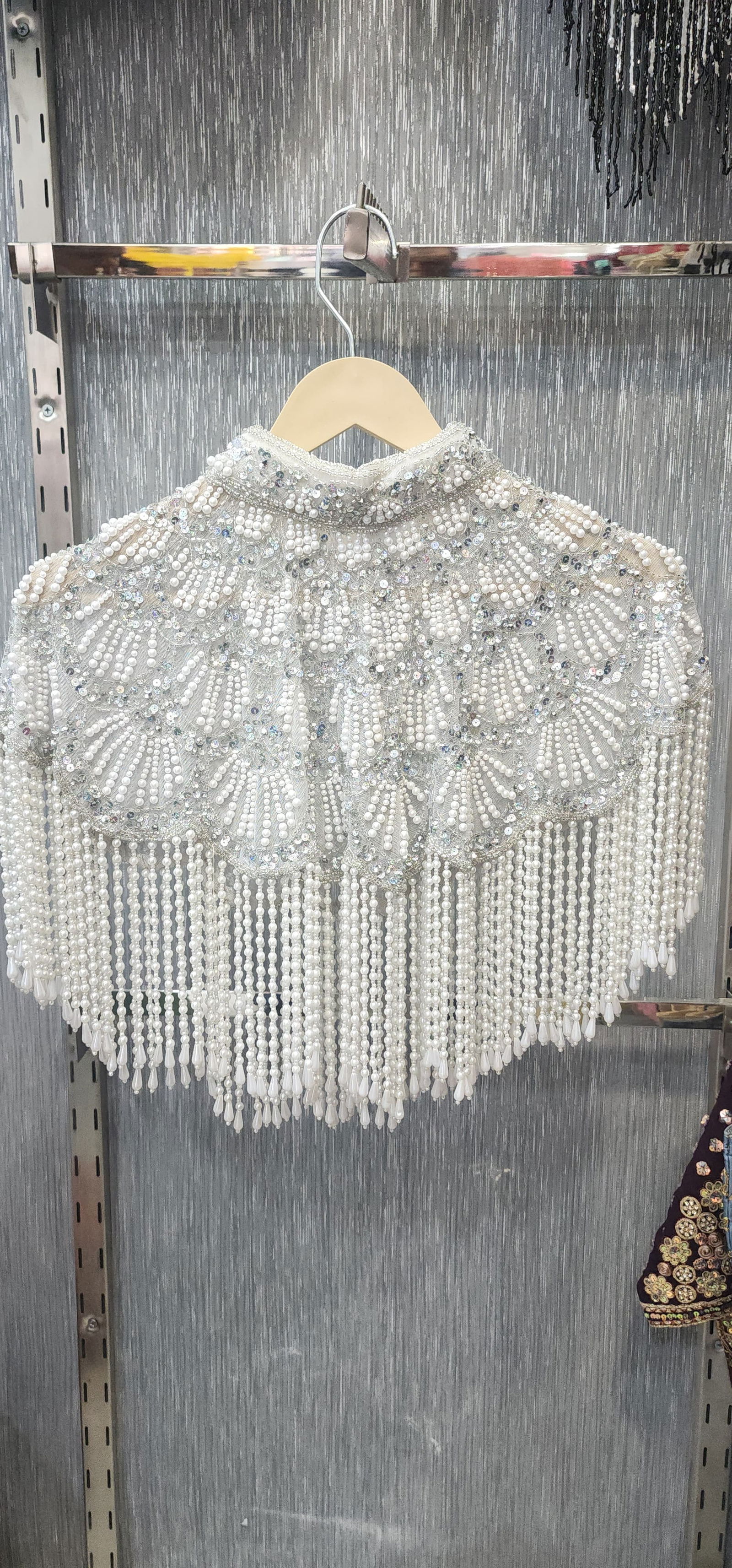 Handcrafted Off White Beaded Cape with Intricate Embroidery & Tassels – Perfect for Gowns & Sarees, Free Size, Fits Up to 46 Image