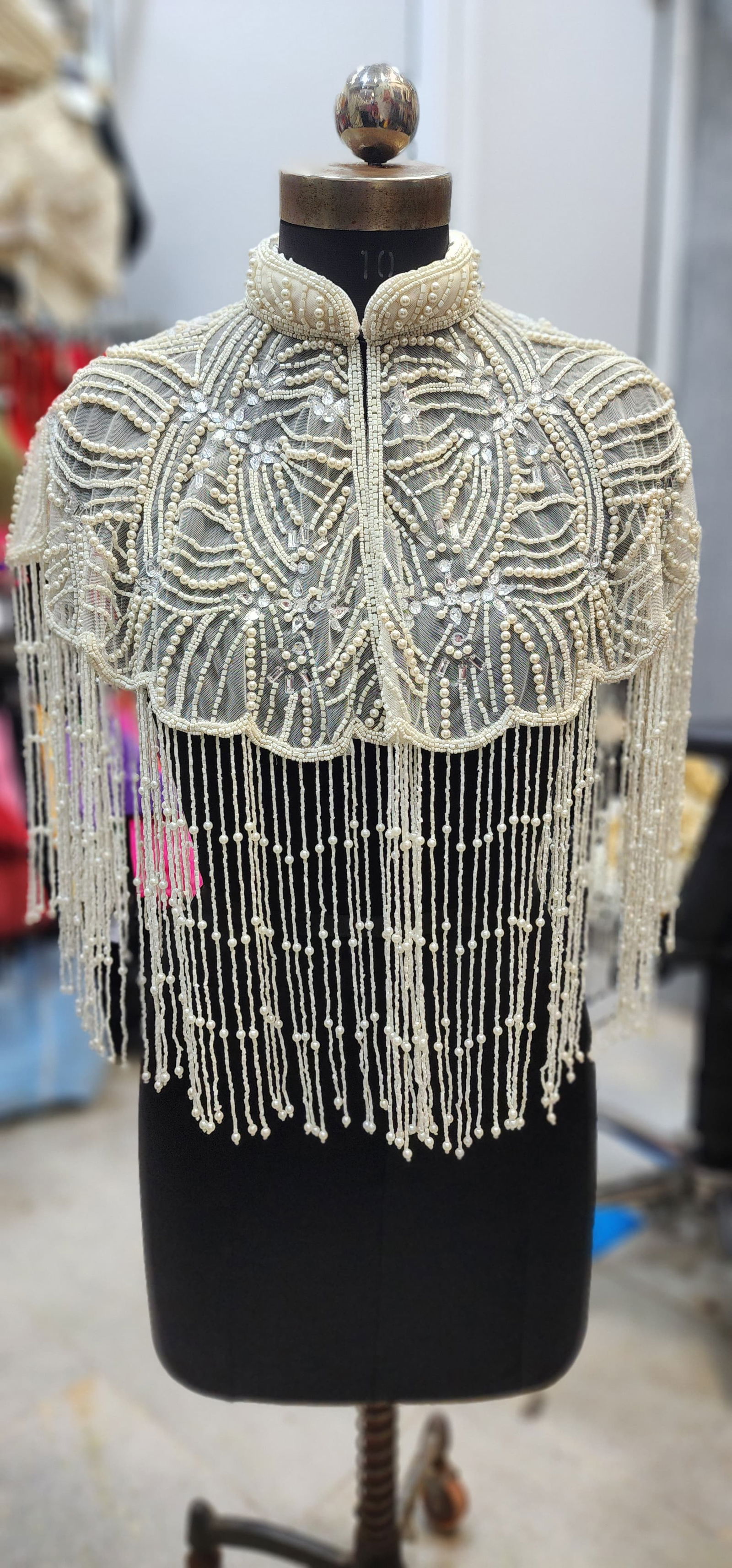 Handcrafted Off White Beaded Cape with Intricate Embroidery & Tassels – Perfect for Gowns & Sarees, Free Size, Fits Up to 46 Image