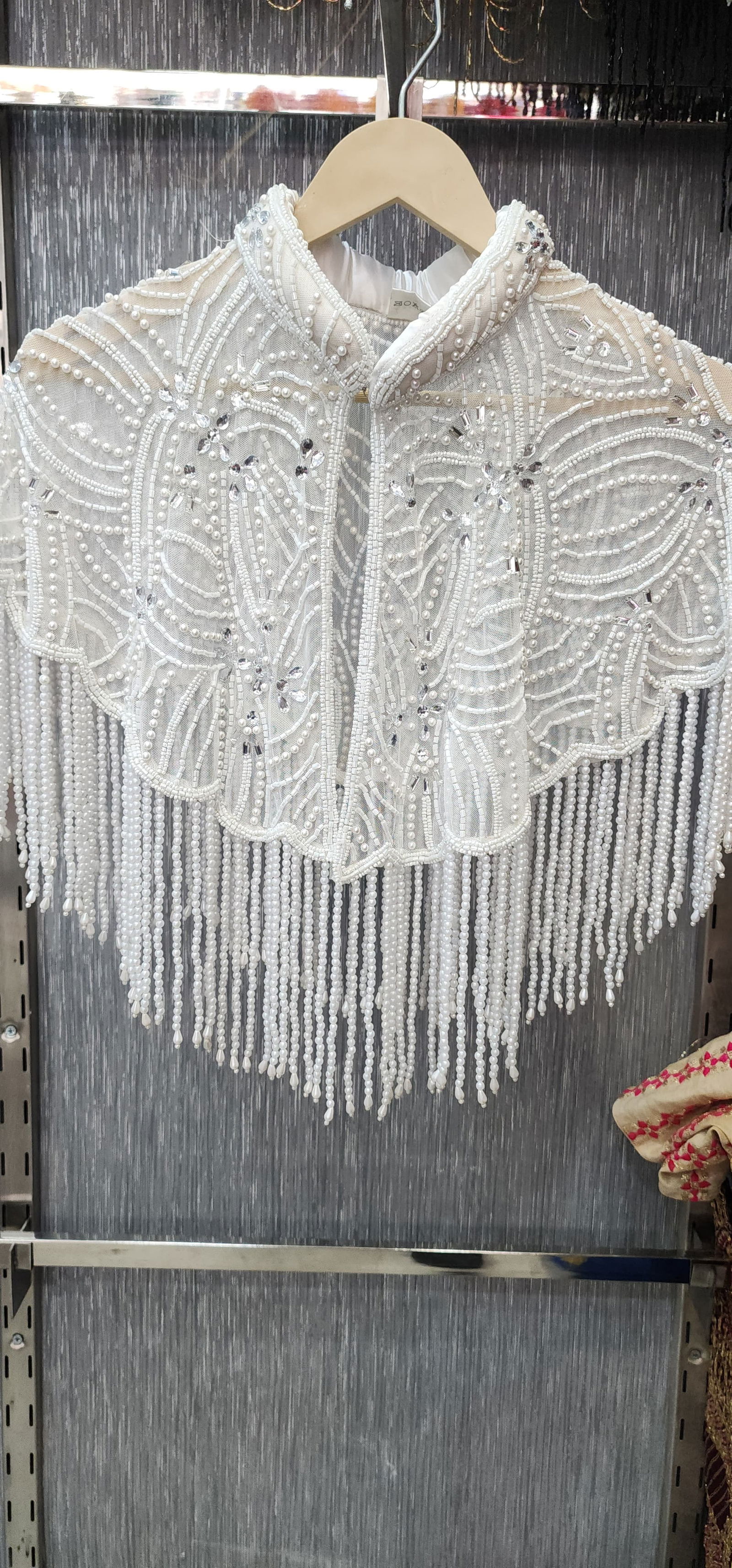 Handcrafted White Beaded Cape with Intricate Embroidery & Tassels – Perfect for Gowns & Sarees, Free Size, Fits Up to 46 Image