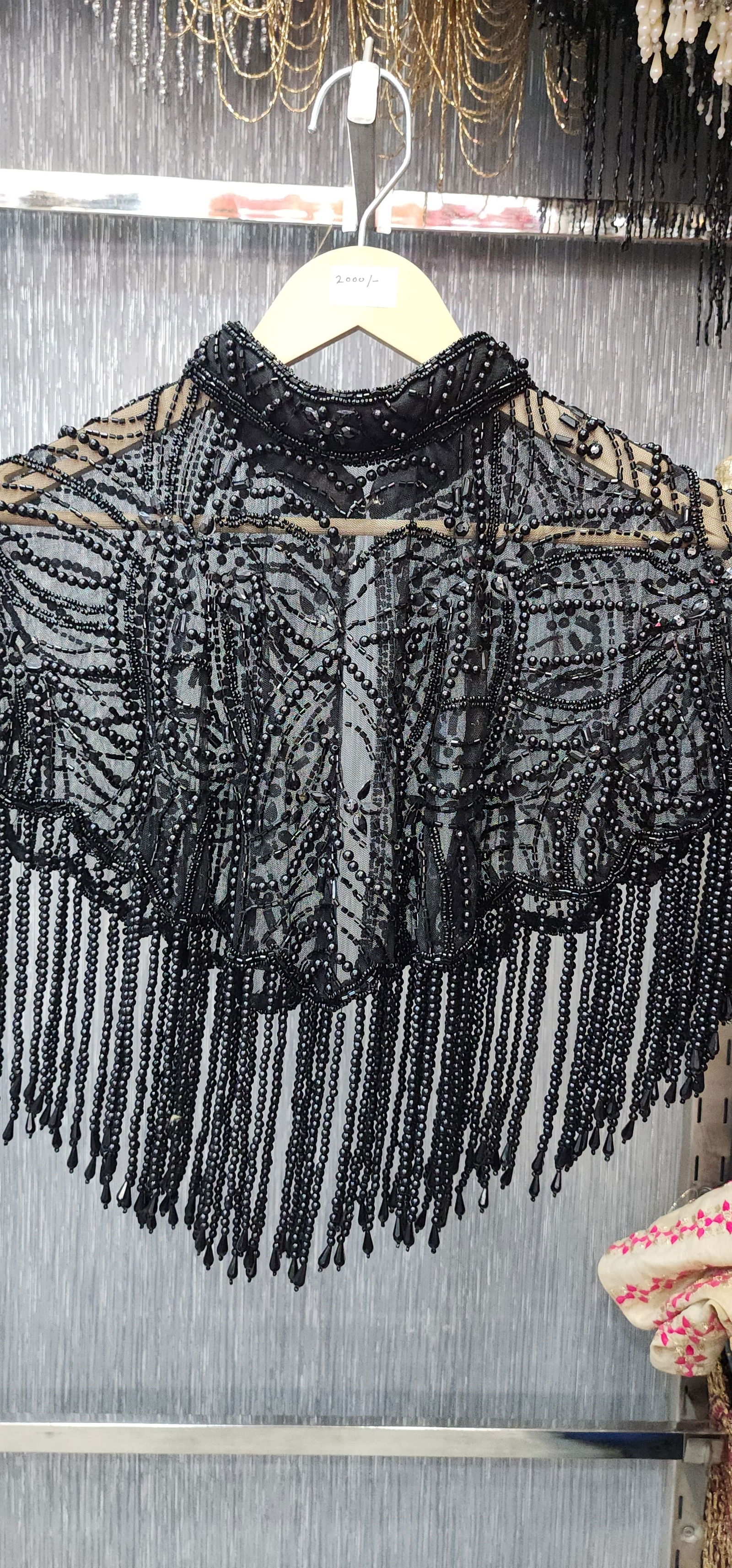 Handcrafted Black Beaded Cape with Intricate Embroidery & Tassels – Perfect for Gowns & Sarees, Free Size, Fits Up to 46 Image