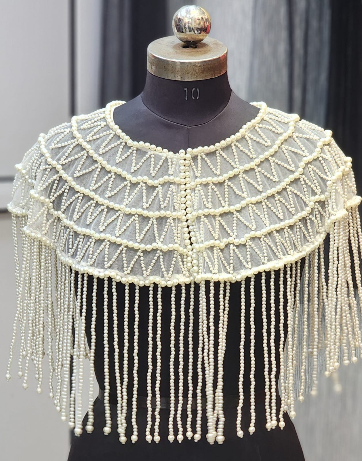 Handcrafted Off White Beaded Cape with Intricate Embroidery & Tassels – Perfect for Gowns & Sarees, Free Size, Fits Up to 46 Image