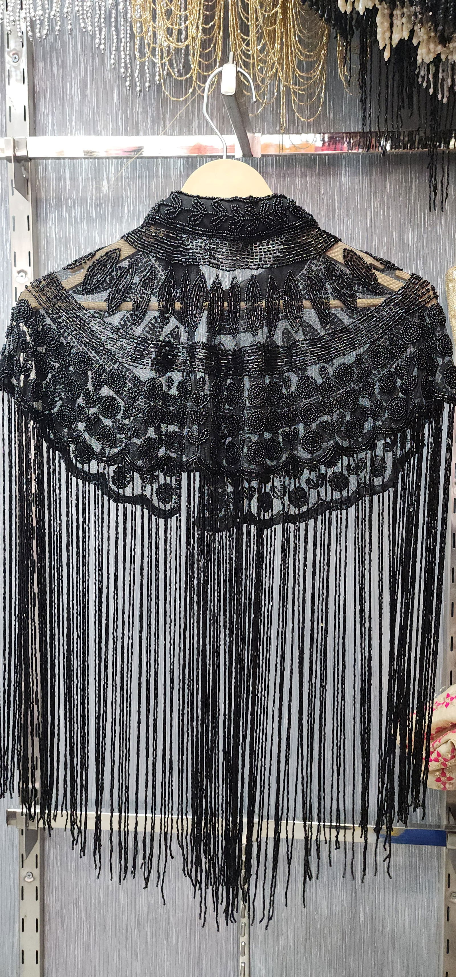 Elegant Black Beaded Cape with Tassels – Perfect Accessory for Sarees and Gowns, Free Size, Fits Up to 46