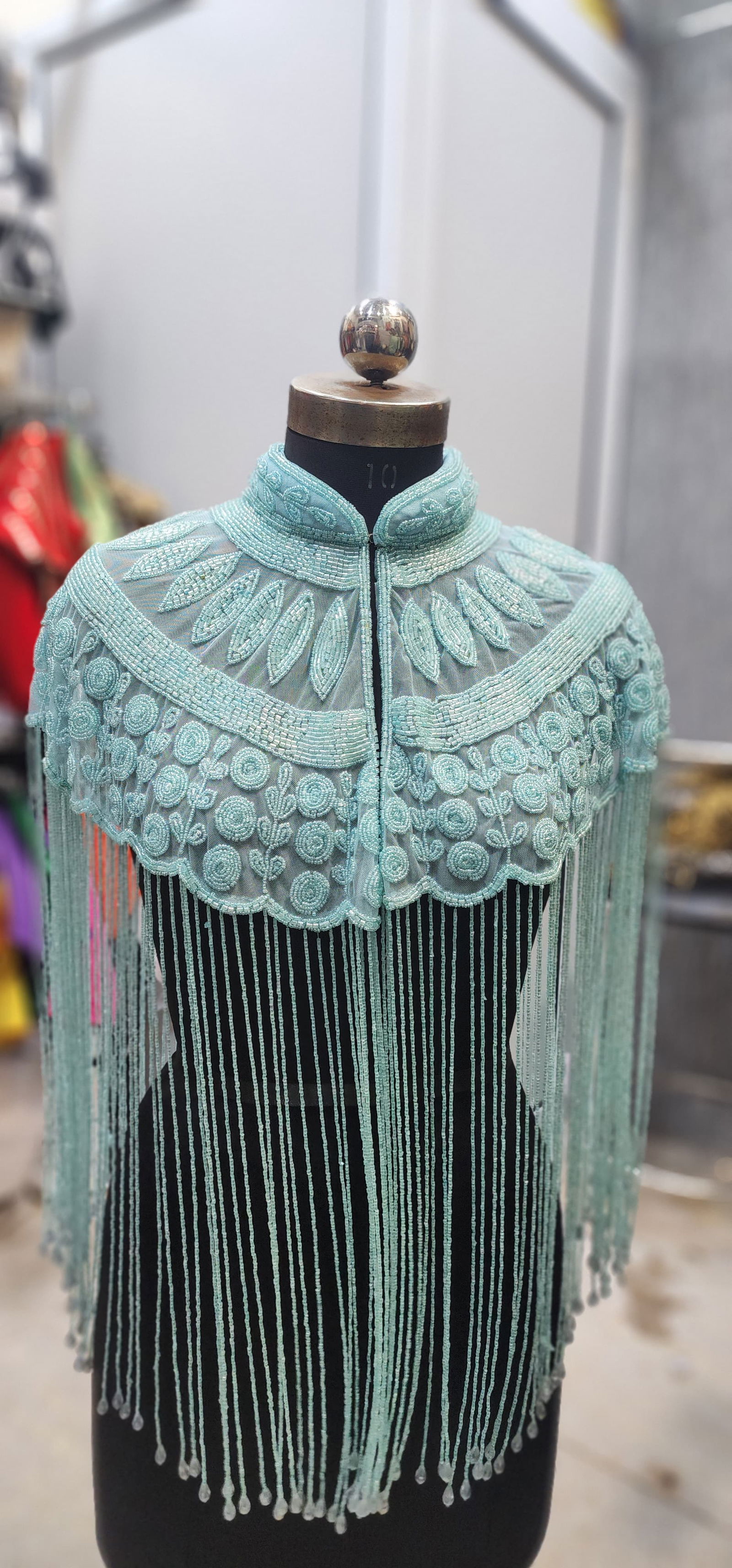 Elegant Turquoise Blue Beaded Cape with Tassels – Perfect Accessory for Sarees and Gowns, Free Size, Fits Up to 46 Image