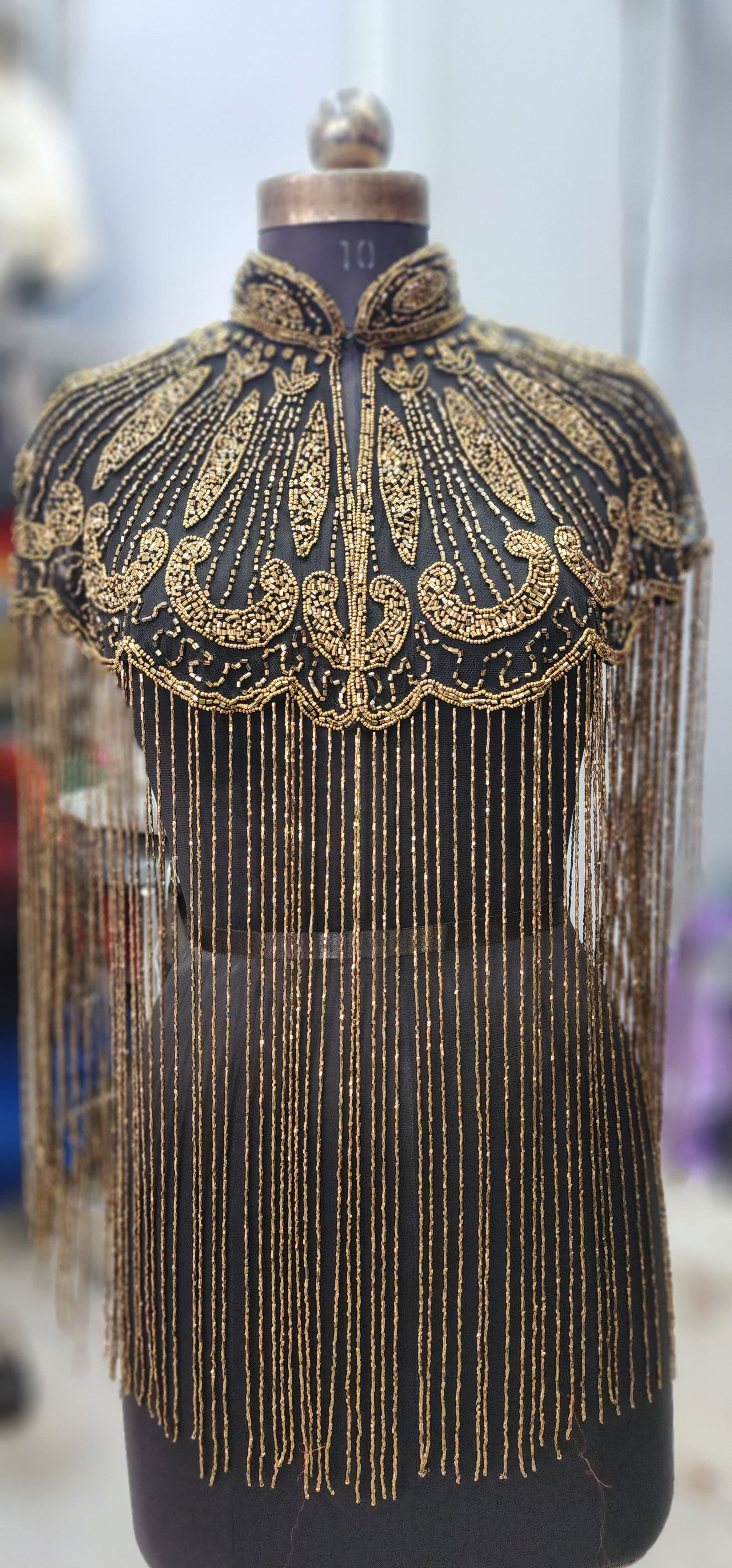 Elegant Black & Golden Beaded Cape with Tassels – Perfect Accessory for Sarees and Gowns, Free Size, Fits Up to 46