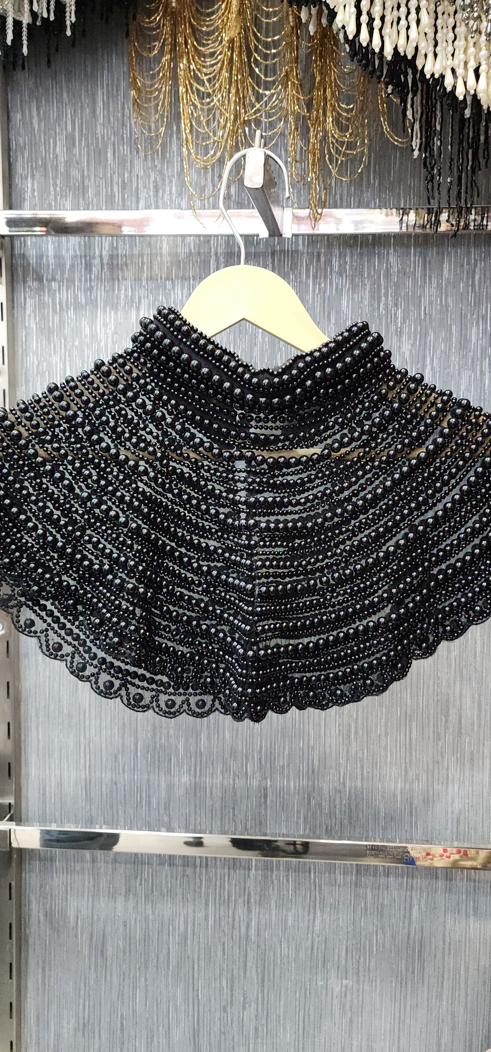 Elegant Black Pearl Beaded Neckline Cape – Perfect Accessory for Sarees & Gowns, Free Size, Fits Up to 46