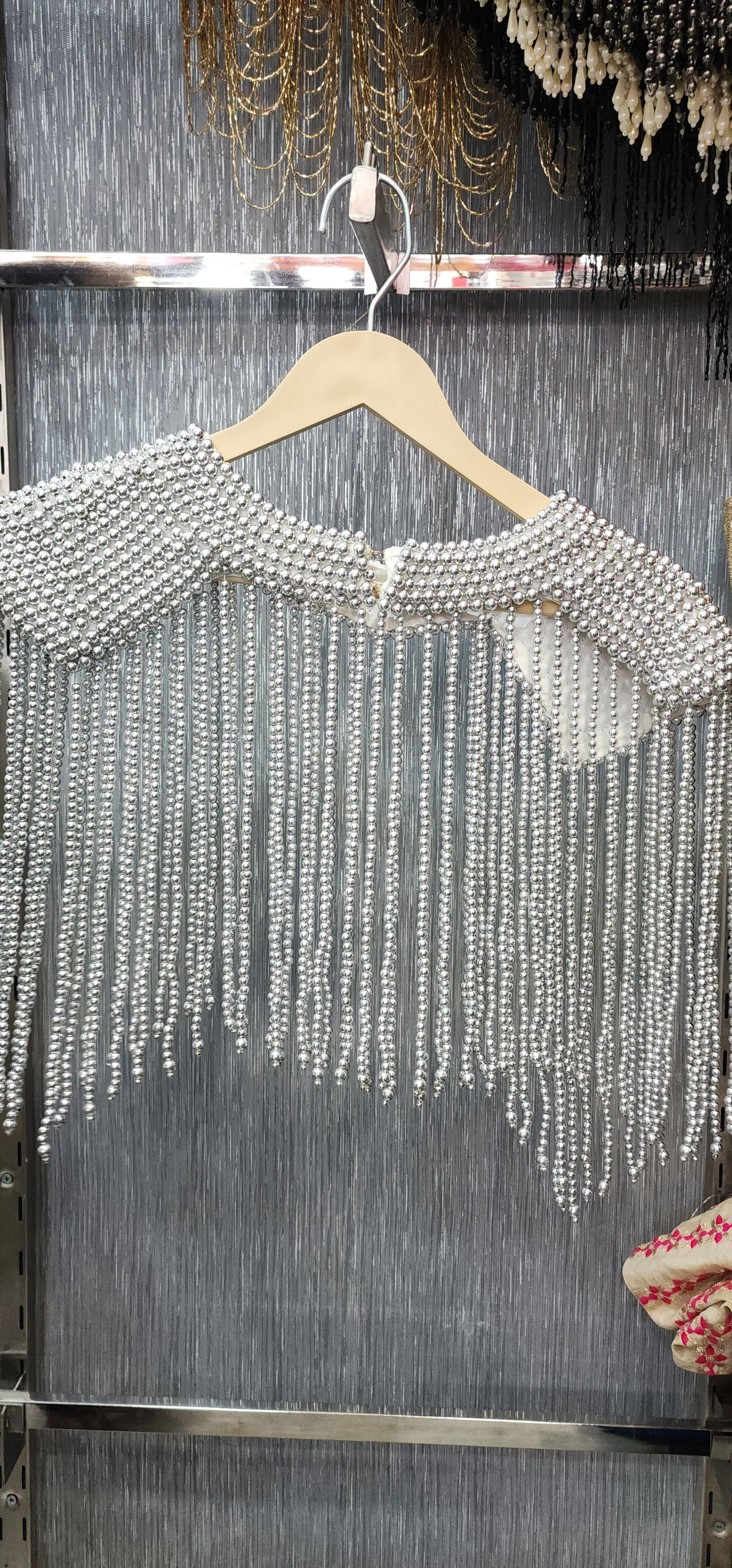 Elegant Silver Pearl Beaded Neckline Cape – Perfect Accessory for Sarees & Gowns, Free Size, Fits Up to 46