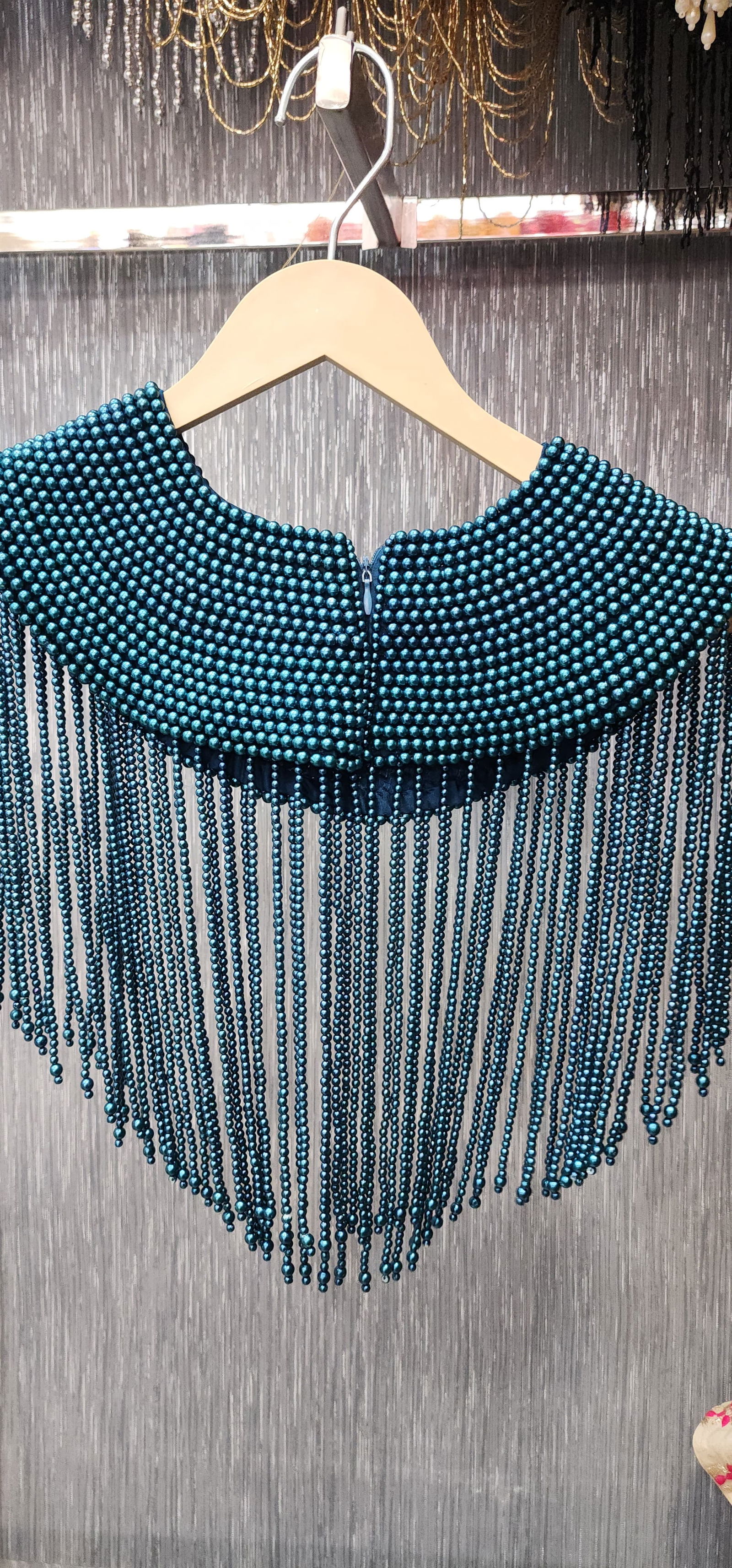 Elegant Blue Pearl Beaded Neckline Cape – Perfect Accessory for Sarees & Gowns, Free Size, Fits Up to 46 Image