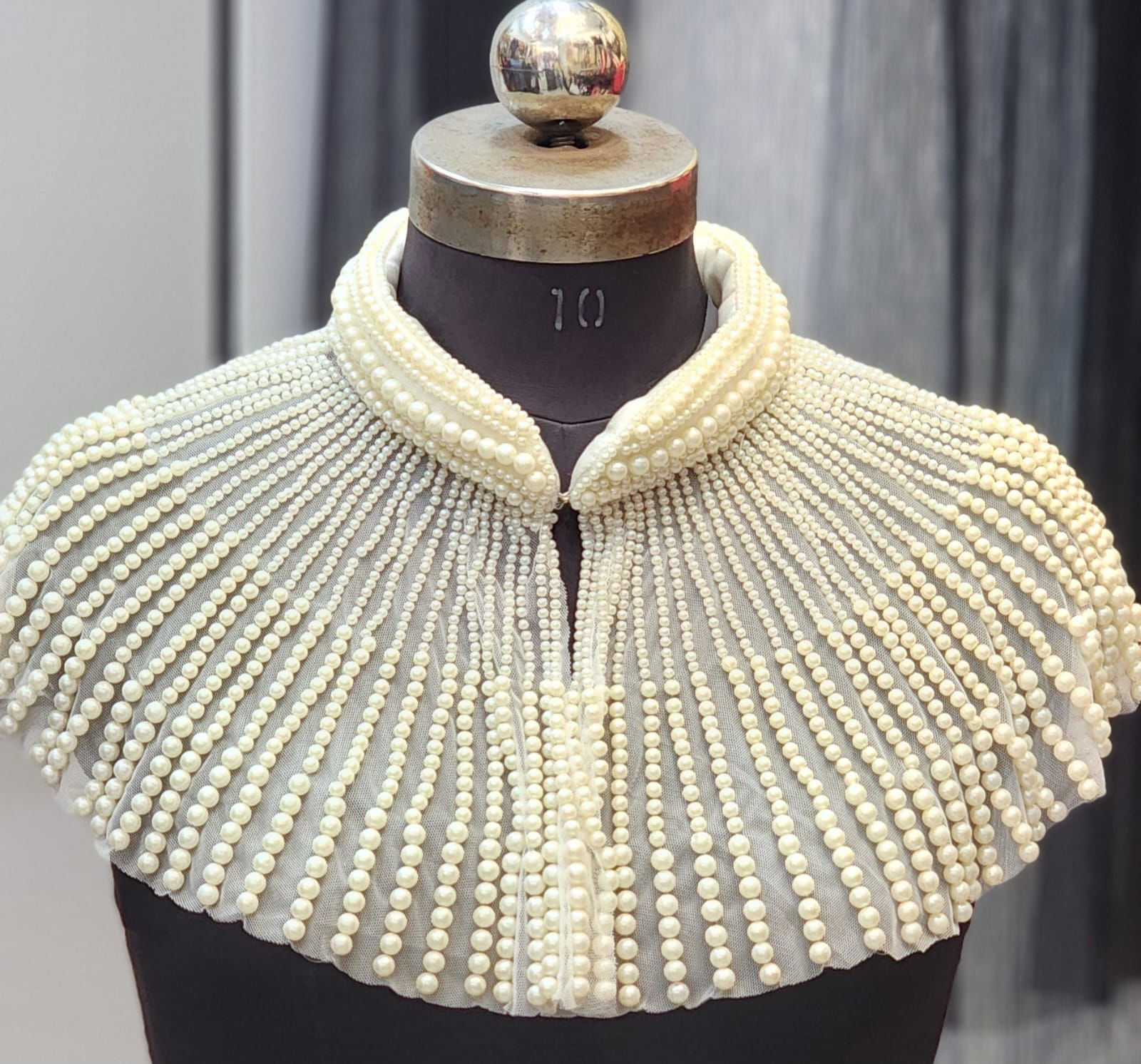 Elegant White Pearl Beaded Neckline Cape – Perfect Accessory for Sarees & Gowns, Free Size, Fits Up to 46 Image