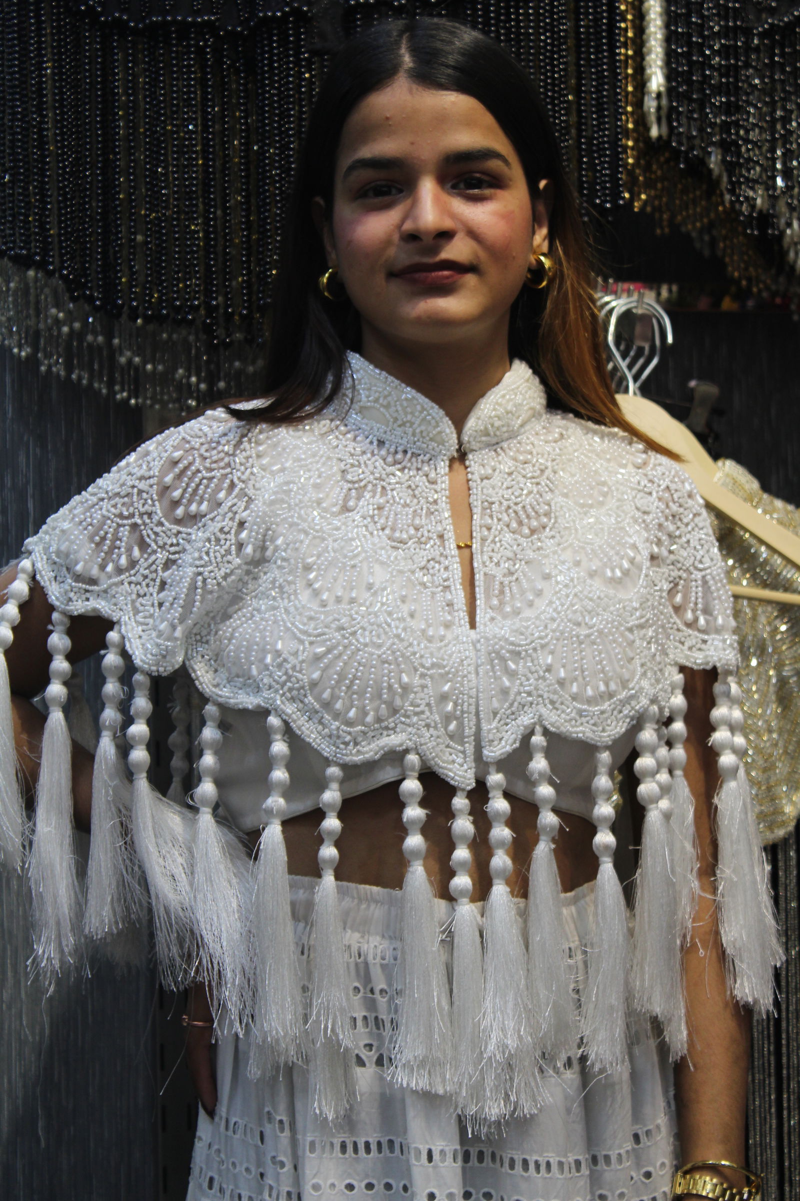 Handcrafted White Beaded Cape with Intricate Embroidery & Tassels – Perfect for Gowns & Sarees, Free Size, Fits Up to 46 Image