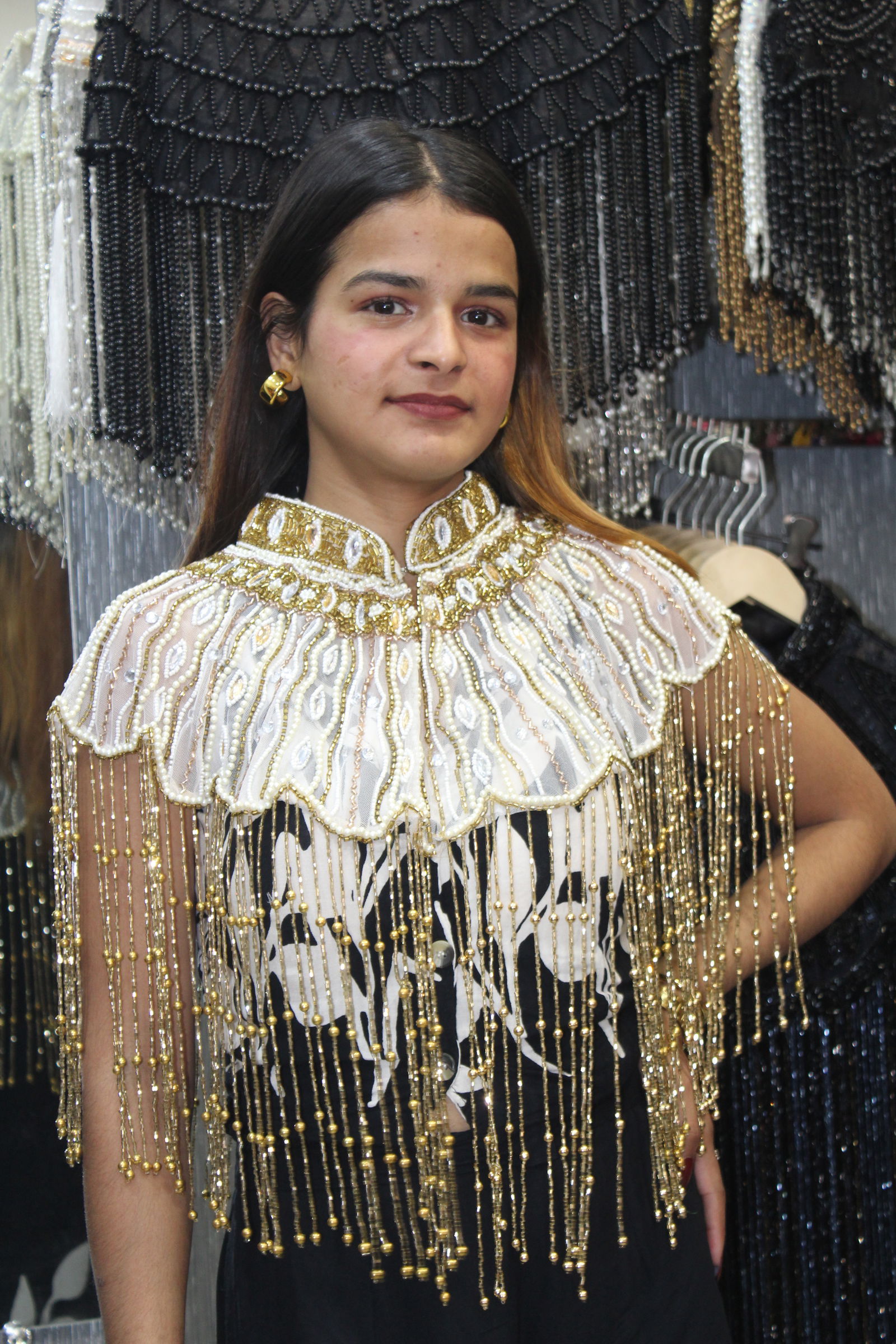 Handcrafted White & Golden Beaded Cape with Intricate Embroidery & Tassels – Perfect for Gowns & Sarees, Free Size, Fits Up to 46 Image