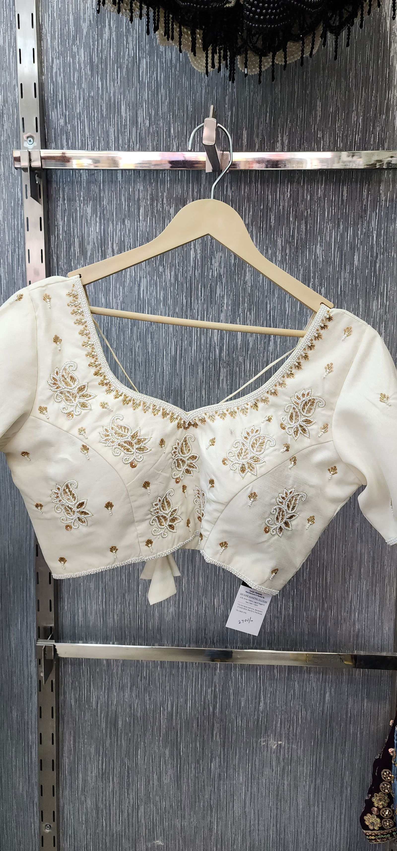 White Designer Blouse – Hand-Embroidered with Golden Sequins & Poth Work, Readymade Blouse with Quarter Sleeves, Chest Size 36-40 Image