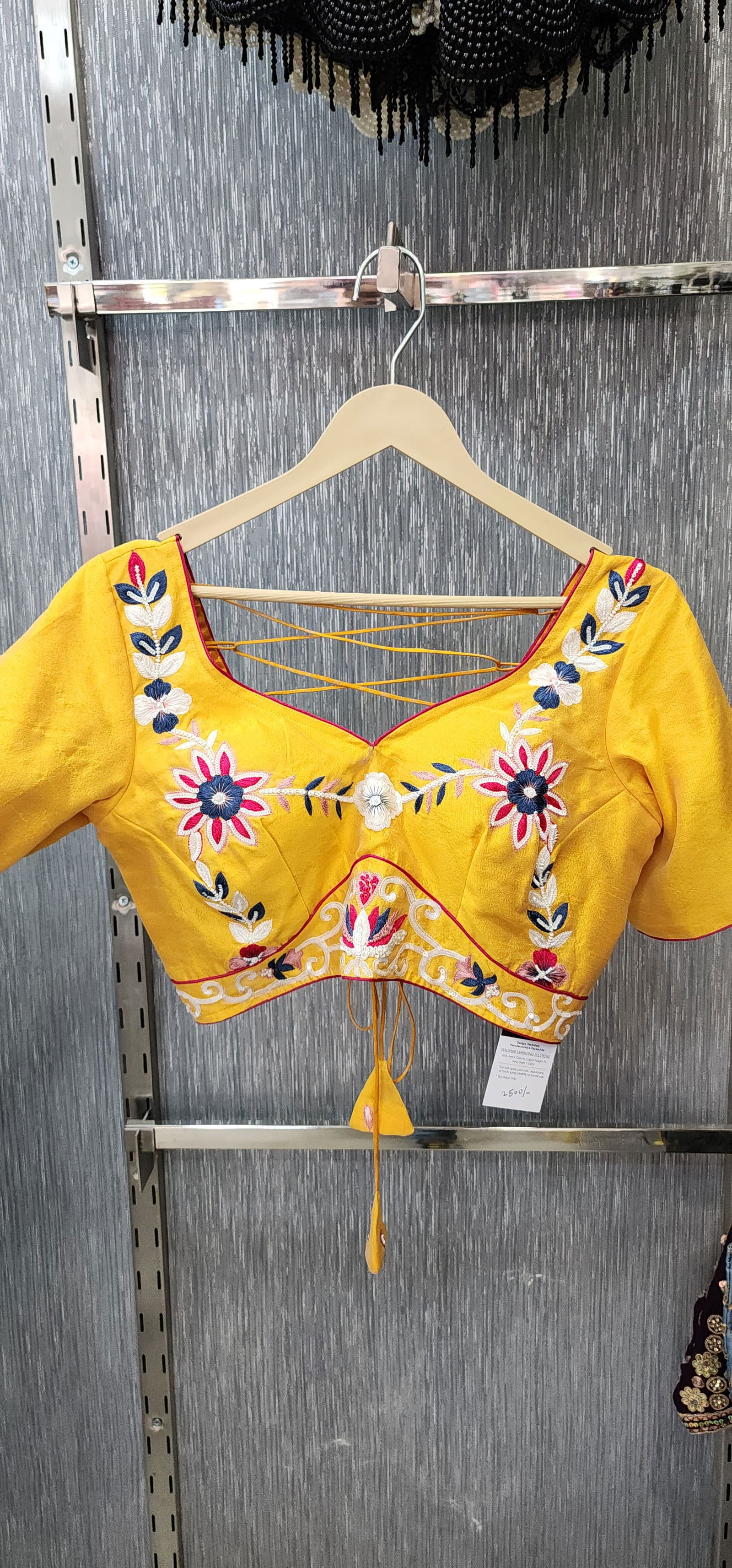 Yellow Designer Blouse – Hand-Embroidered with White, Blue & Red Cut Dana, Poth & Zari Work, Readymade Blouse with Quarter Sleeves, Chest Size 36-40 Image