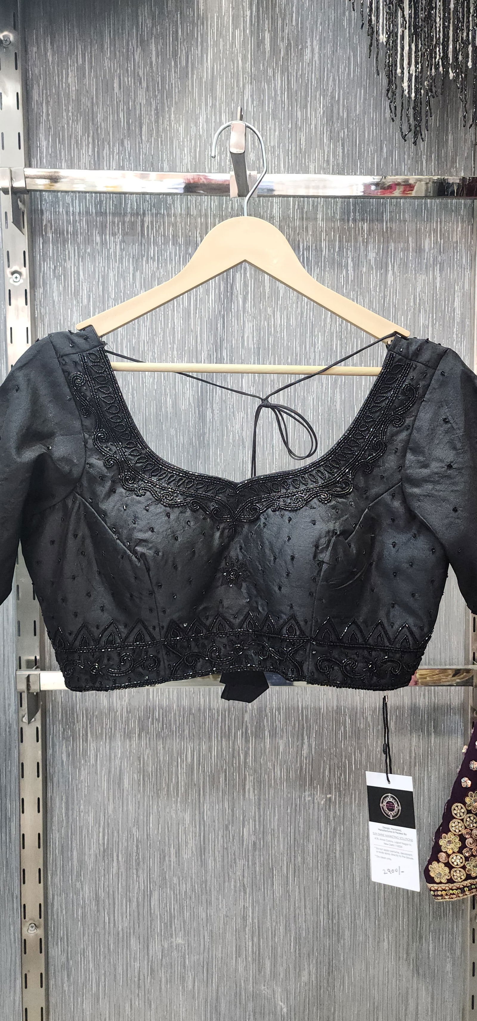 Classic Black Designer Blouse – Hand-Embroidered with Black Poth, Resham & Pearl Work | Readymade Blouse with Sleeves | Size 36 Expandable to 40 Image