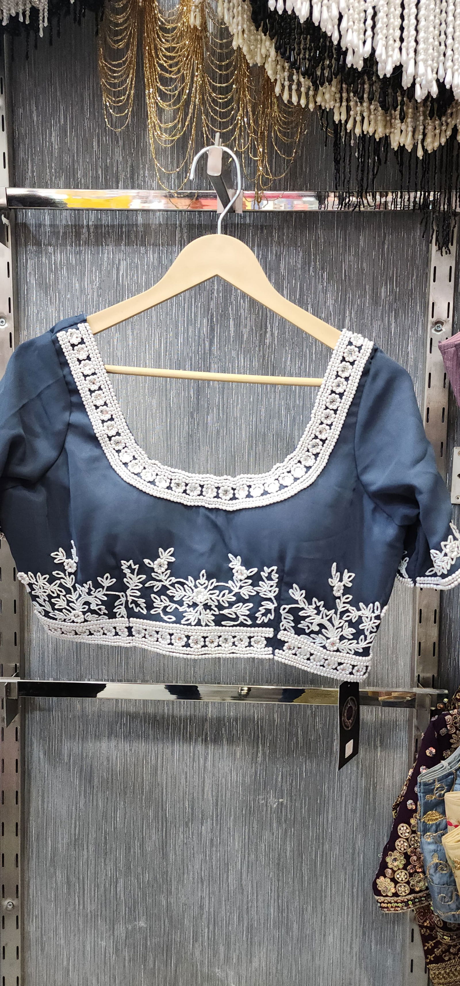 Elegant Bluish Grey Designer Blouse – Hand-Embroidered with Mirror & White Pearl Work | Premium Readymade Blouse | Size 36 Expandable to 38 Image