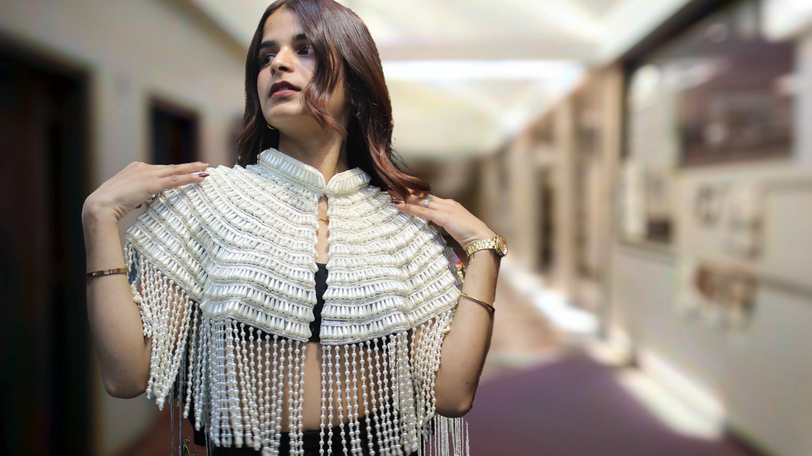 Handcrafted Off White Beaded Cape with Intricate Embroidery & Tassels – Perfect for Gowns & Sarees, Free Size, Fits Up to 46 Chest Image