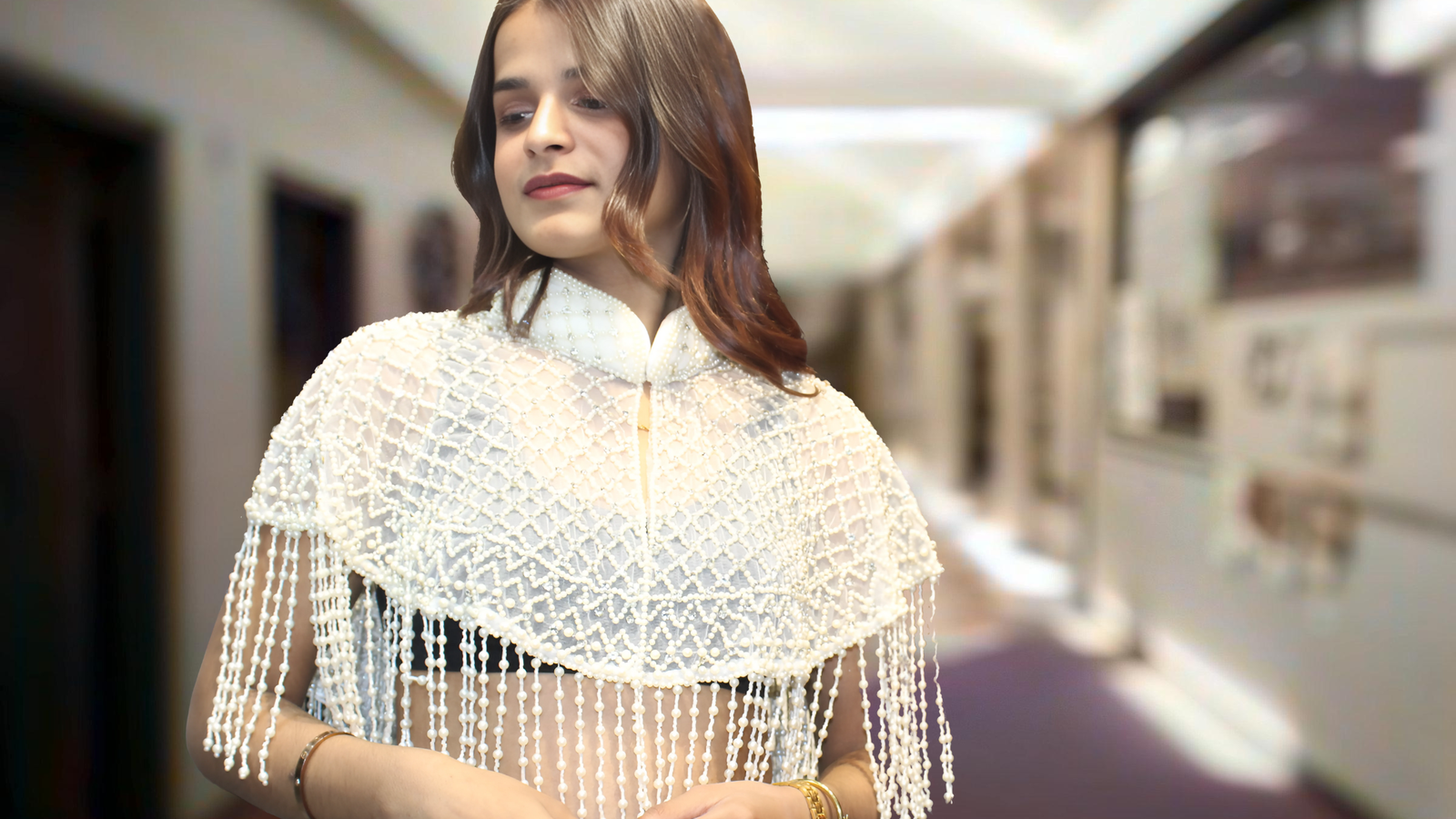 Handcrafted Off White Beaded Cape with Intricate Embroidery & Tassels – Perfect for Gowns & Sarees, Free Size, Fits Up to 46 Chest Image