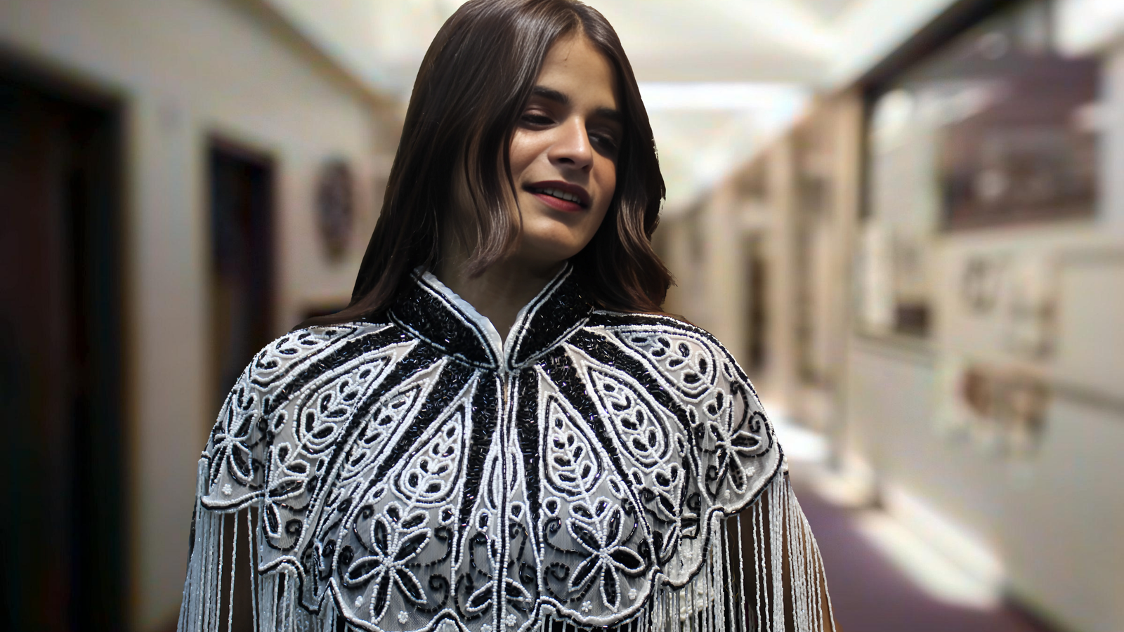 Elegant Black & White Beaded Cape with Tassels – Perfect Accessory for Sarees and Gowns, Free Size, Fits Up to 46 Chest Image