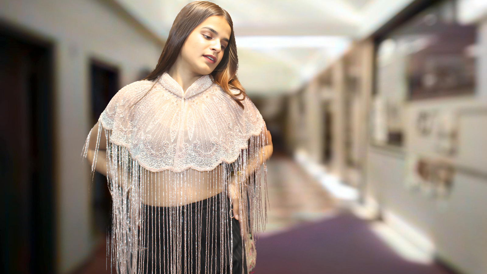 Elegant Rose Gold Beaded Cape with Tassels – Perfect Accessory for Sarees and Gowns, Free Size, Fits Up to 46 Chest Image