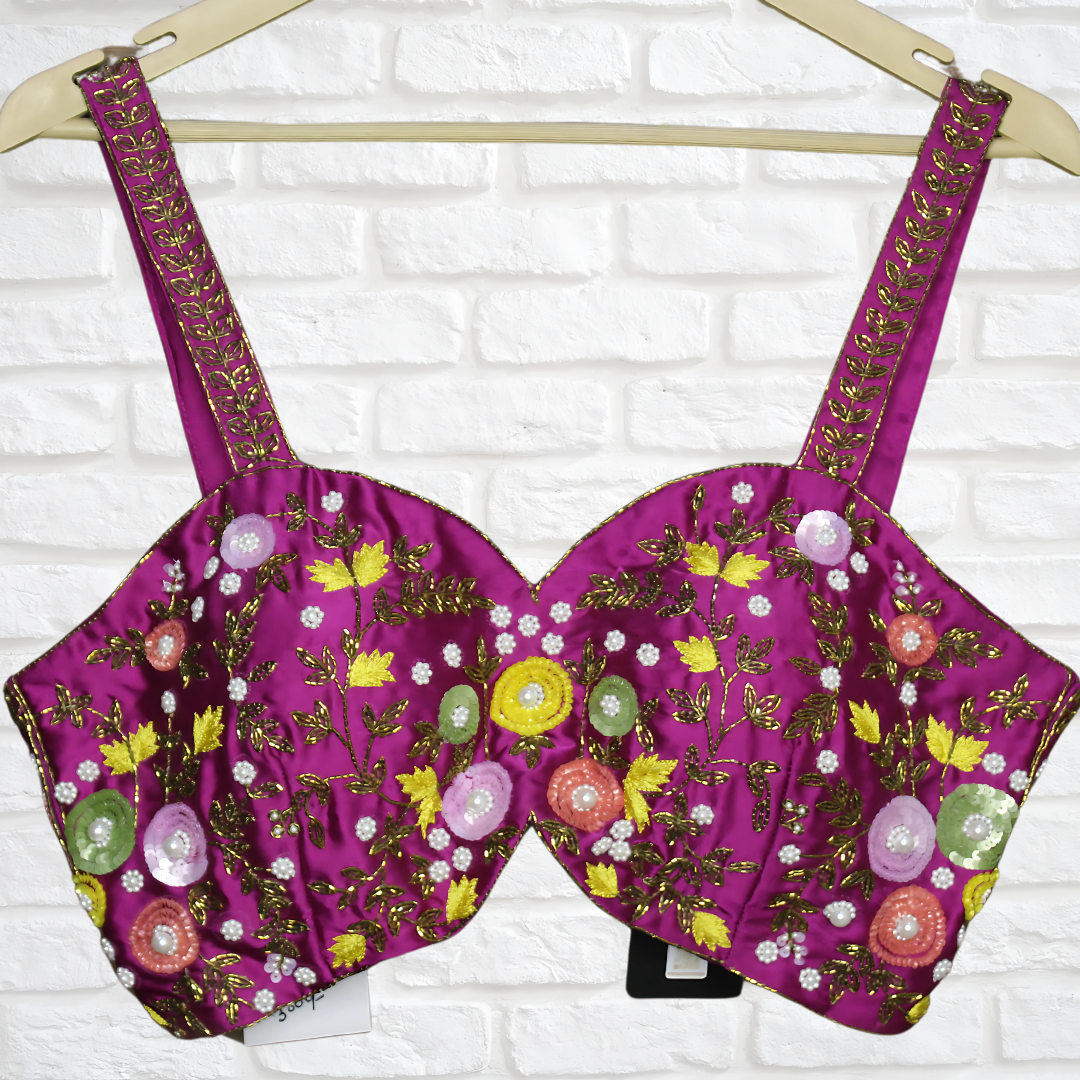 Wine Hue Designer Blouse with Dori Back & Antique Hand Embroidery – Cut Dana, Sequin & Pearl Detailing (Size 36–38) Image