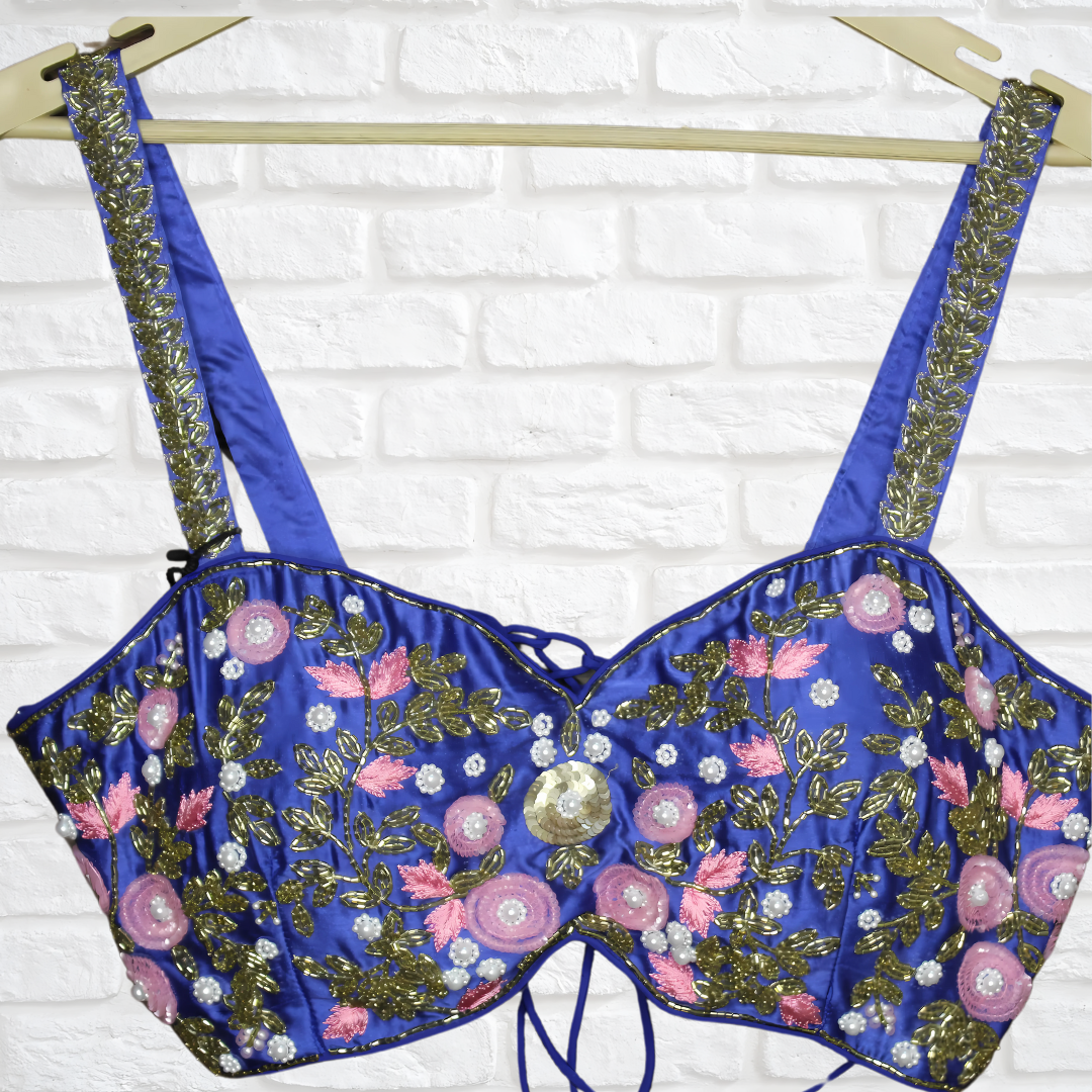 Royal Blue Designer Blouse with Dori Back & Antique Cut Dana, Sequin, Resham & Pearl Embroidery (Size 36–38) Image