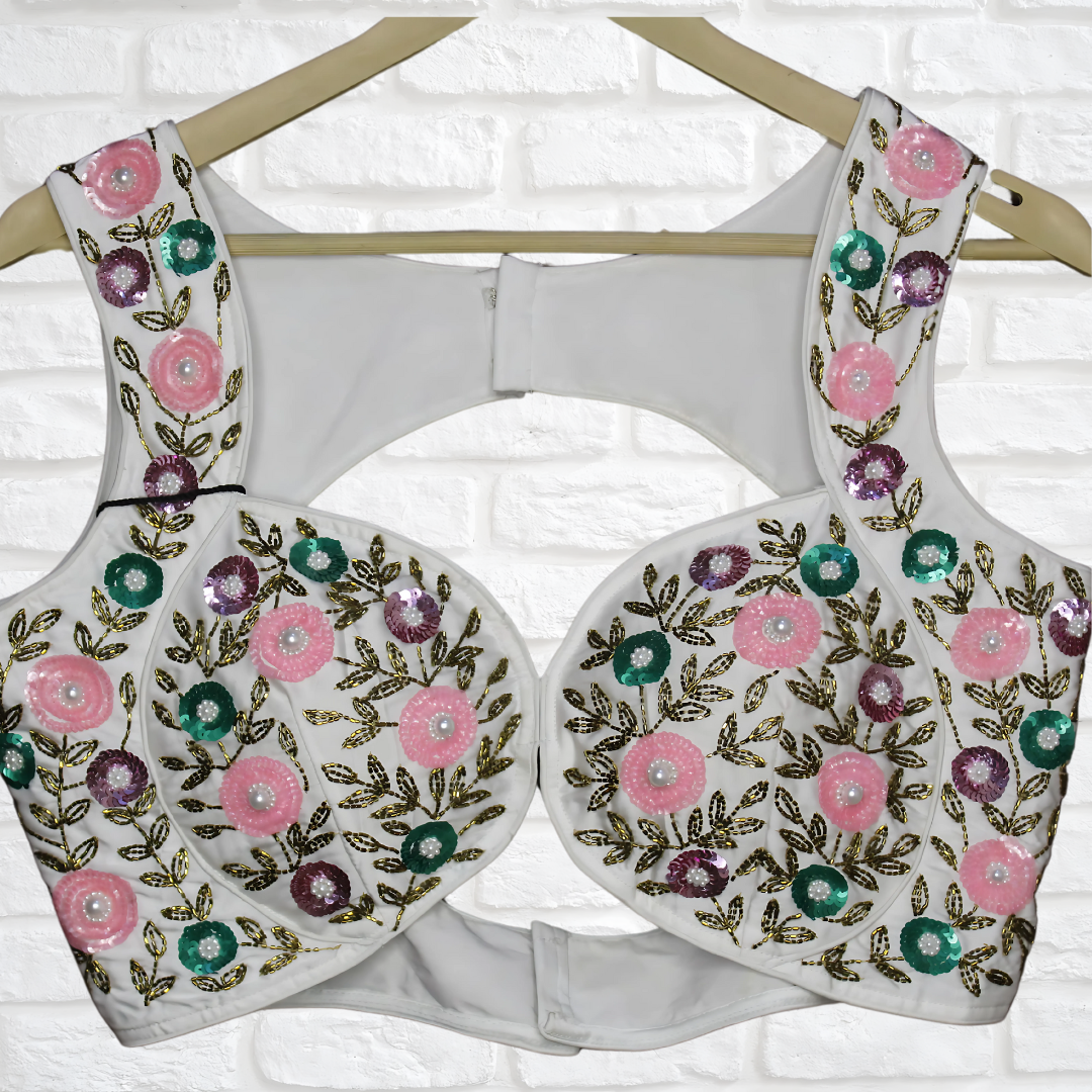 White & Multicolour Magic – Hand-Embroidered Designer Blouse with Dori Back & Antique Cut Dana Glam Image