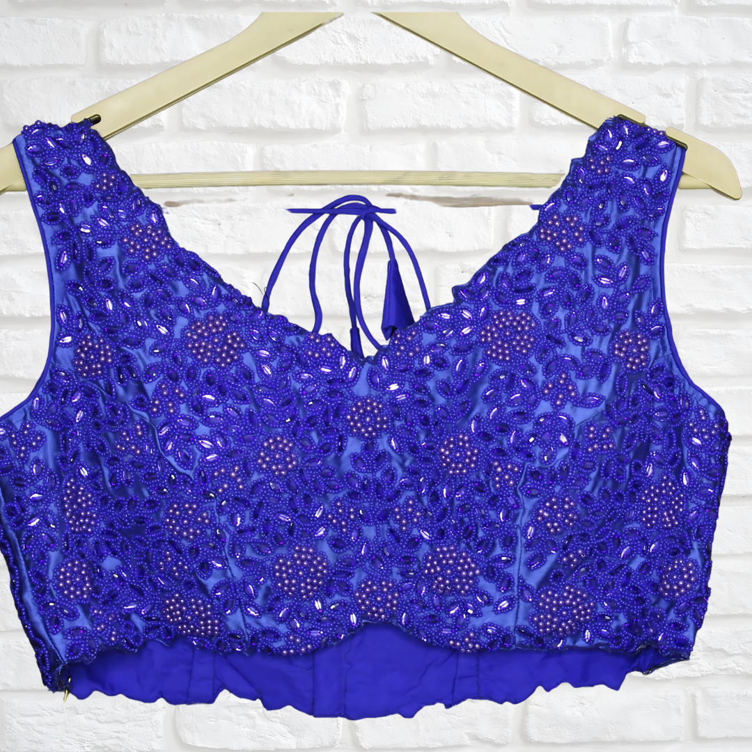 Blue Blossom Elegance – Designer Readymade Blouse with Pearl & Cut Dana Detail | Size 36-38 Image