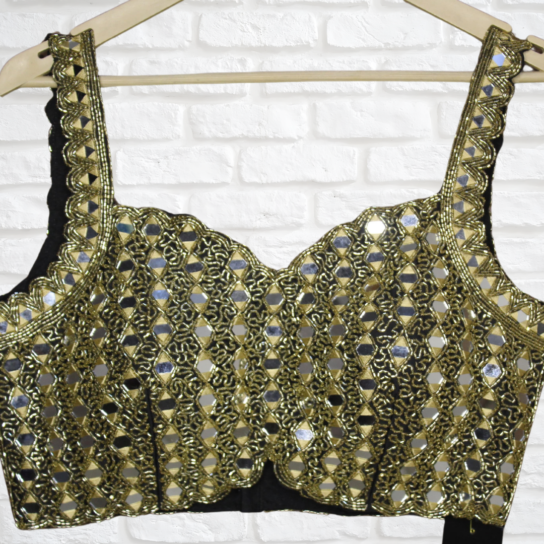 Black Beauty: Mirror Work Designer Blouse with Golden Resham & Cut Dana Detailing Image