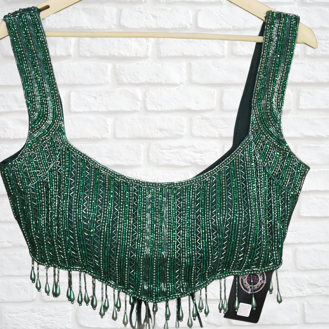 Regal Bottle Green Designer Blouse with Handcrafted Pearl & Cut Dana Detailing – Size 36, Expandable Fit Image