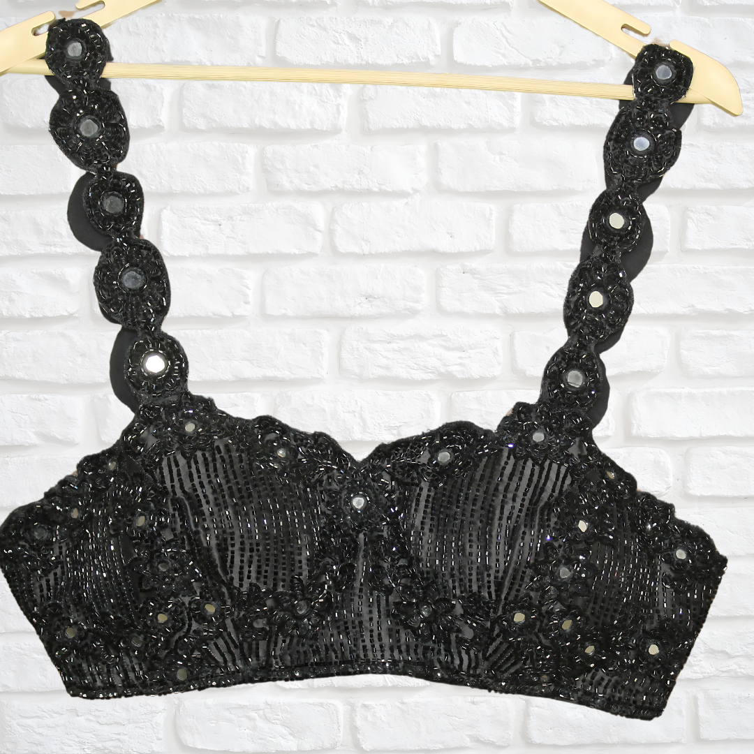 Exquisite Black Designer Blouse with Cut Dana, Sequins, Mirror & Resham Work – Adjustable Fit for Comfort Image