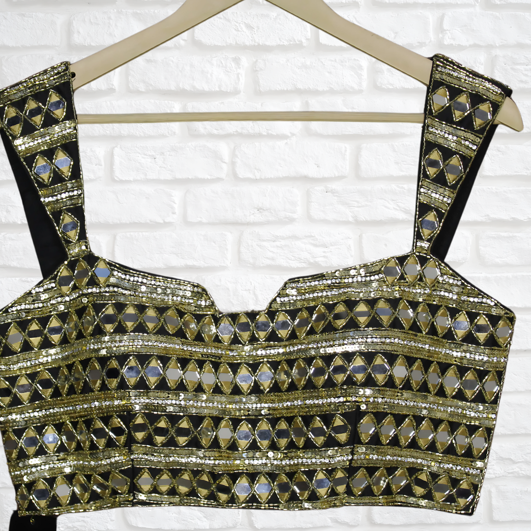 Black Mirror Work Designer Blouse with Golden Embellishments & Chic Strap Detailing – Adjustable Fit with Dori Closure Image