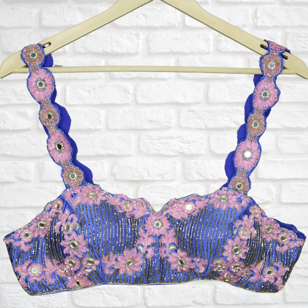 Blue & Pink Glam Designer Blouse with Mirror Magic and Golden Cut Dana Elegance Image